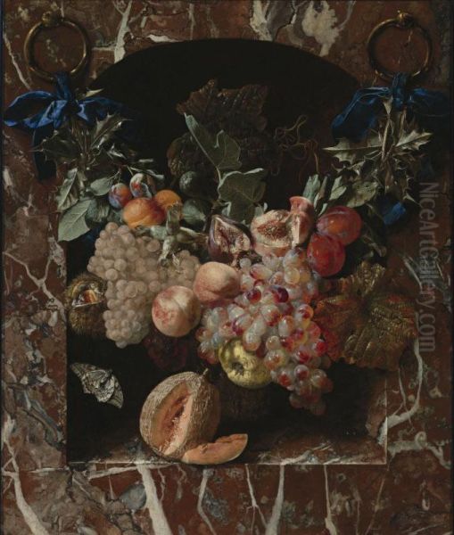 A Festoon Of Fruits, Including Peaches, Grapes, Plums And Hazelnuts, Suspended By Blue Ribbons Before A Marble Niche, With A Melon Resting On A Ledge Below - view 1
