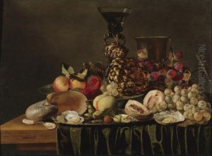 Still Life With A Gilt Cup And Glass Holder, A Silver Beaker, A Nautilus Shell, Fruit, And Oysters Arranged On A Draped Ledge.