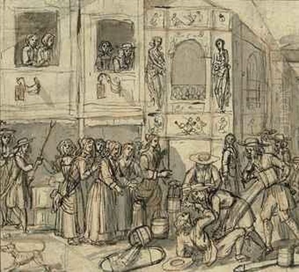 A Theatrical Scene: A Man Soaked In Water From A Bucket - view 1