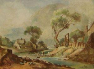 South African Landscape With Figures By Riverside by Arie Marthinus Luyt