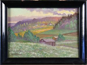 Landskap Med Stugor, Signerad Osc. Lycke by Oscar Lycke