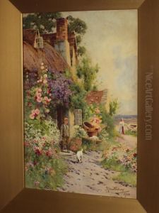Young Boy And Puppy Before A Devon Coastal Cottage