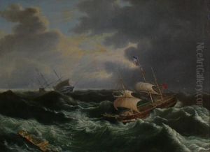 Yachts In A Stormy Sea, Oilon Canvas by John Lynn