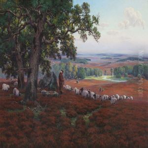 Vast Landscape With A Shepherd Knitting Under Large Oaks by Arnold E. Lyongrun