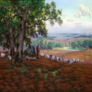 Vast Landscape With A Shepherd Knitting Under Largeoaks by Arnold E. Lyongrun