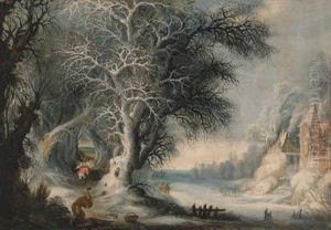 Woodcutters In A Winter Landscape, A Town Beyond by Gysbrecht Lytens