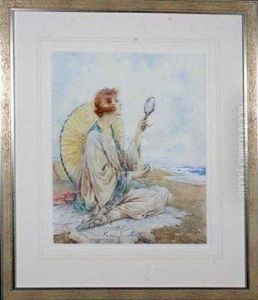 A Young Woman On A Beach Holding A Silver Hand Mirror Whilstapplying Make-up by Charles MacIvor or MacIver Grierson