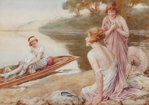 Three Young Ladies By A River, Signed, Watercolour