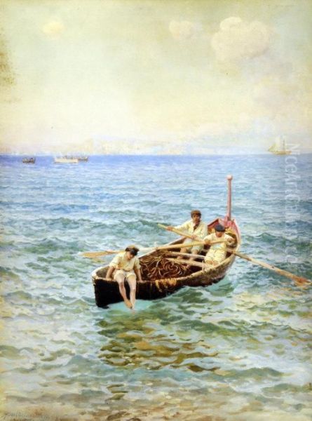 Toe Dipping, Mediterranean Seascape With Figures In A Rowingboat - view 1