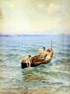 Toe Dipping, Mediterranean Seascape With Figures In A Rowingboat by Hamilton Macallum