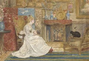 An Elegant Lady Seated By A Fire In A Chinese Influencedinterior by James Macbeth