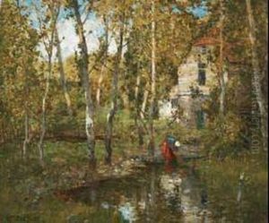Washerwoman At A Wooded Stream by William Macbride