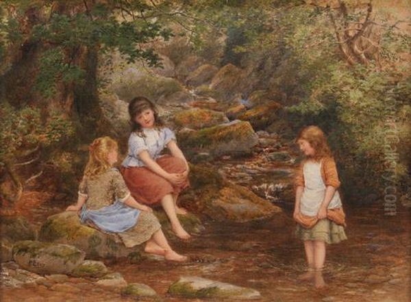 Two Girls Sitting On Rocks Beside Another Girl Paddling In A Stream - view 1