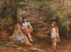 Two Girls Sitting On Rocks Beside Another Girl Paddling In A Stream by Samuel McCloy