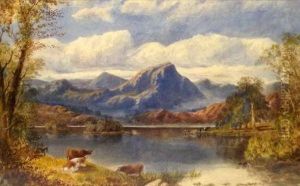 Scottish Loch And Mountain Landscape With Cattle Watering And Resting by James Macculloch