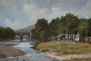 A Quiet River Scene, With A Bridge by John Blake Macdonald