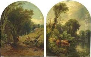 Sheep By A Stream And Cows Watering by James McDougal Hart