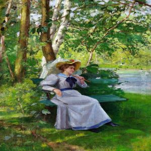 Elegant Woman With A Parasol Seated On A Bench