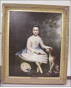 Oil On Canvas Portriat Of"nellie Hinsdale," The Young Girl In A White Dress With Blue Sashand Open Book In Her Lap, Seated Beside A Dog In A Woodedlandscape, Unsigned, With Attached Plaque Identifiying The Sitteras "nellie Hinsdale 1865-1876," Overall Cra