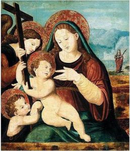 Madonna And Child, With The Infant Saint John, An Angel, And Saint Agatha Beyond by Vicente Juan (Juan de Juanes) Macip