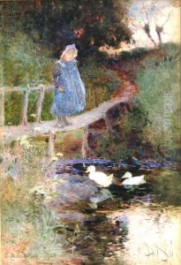 Young Girl On A Bridge With Ducks On The Water In Foreground by James Mackay