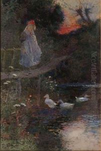 A Young Girl Beside A Duck Pond by James Mackay