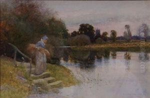 A Young Lady Holding A Sheaf Of Corn Beside A Riverbank by James Mackay