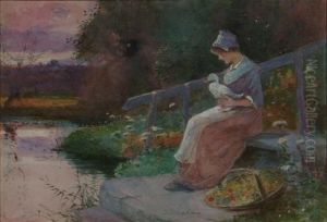 A Young Lady Seated Holding A Duck Beside A Riverbank by James Mackay