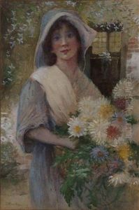 A Young Girl Holding A Bunch Of Flowers Outside A Cottage by James Mackay