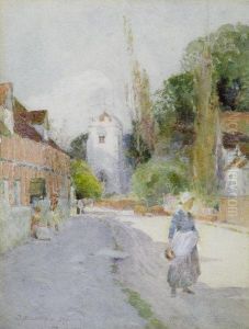 Figures On A Village Street With Church Beyond