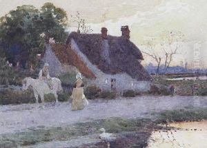 Figures By A Cottage At Sunset