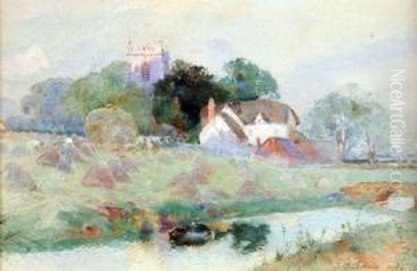 River Landscape With Hayfield - view 1