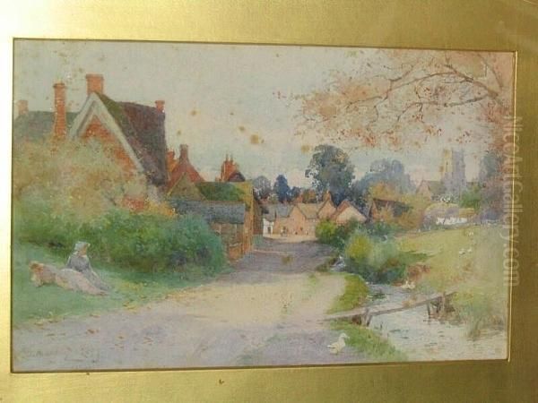 Country Village Lane With Brook - view 1