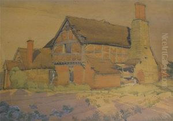 Scene Of Figures Outside A Half Timbered Farmhouse - view 1