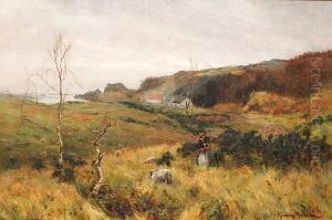 A Coastal Hamlet, With A Girl Tending Sheep Tothe Foreground by Kenneth Mackenzie