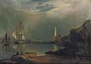 A Brigantine Lying At Anchor Off A Lighthouse, Drying Her Sails