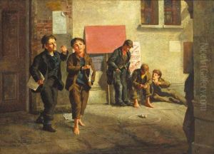 Street Scene With Newspaper Vendors And Boys Playing A Game Of Spinner