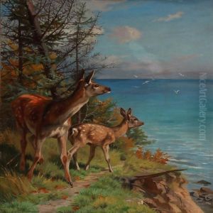Two Deer At A Cliff by Adolf Henrik Mackeprang