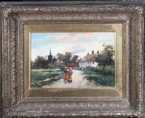 Two Girls On A Country Lane At Sunset With Thatched Houses And Achurch Spire In The Background