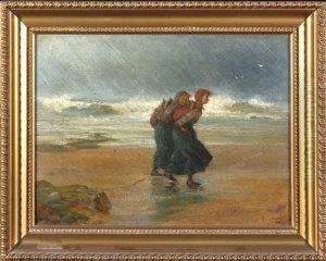 "a Wet Day" - Cullercoats Fishergirls On A Beach by Thomas Eyre Macklin