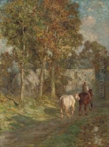 A Figure With Two Horses On A Wooded Path by Duncan Maclaurin