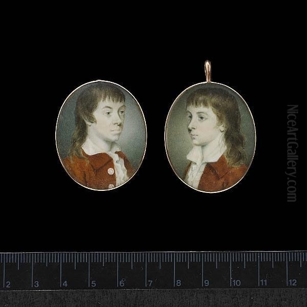 A Pair Of Portraits Of Brothers, Both Wearing Tan Coats, One With White Buttons, White Waistcoats And Chemises With Small Collars. - view 1
