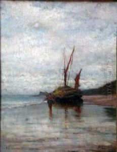 Low Tide With Shrimper by Peter Macnab