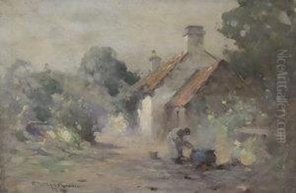 Woman By A Cauldron With A Cottage And Woodland - view 1