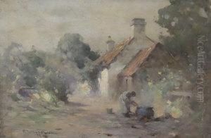 Woman By A Cauldron With A Cottage And Woodland by Robert Russell Macnee