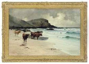 Highland Cattle On A Beach by Robert Russell Macnee