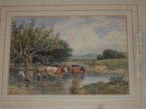 Cattle Watering At A Ford With Farmer And Dog At The Waters Edge by John MacPherson