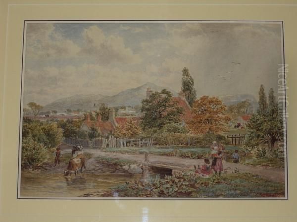 Village Scene With Children By A Stream Andcattle Watering - view 1