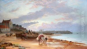 A Scottish Port Scene With Beached Boats And Fisherfolk