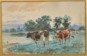 Cattle Grazing In A River Meadow With Trees And A Distant Town Beyond by John MacPherson